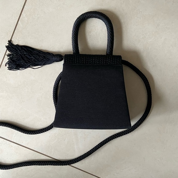 Black Unique Cord Top Handle Bag with Tassel and Crossbody Strap - Picture 2 of 4
